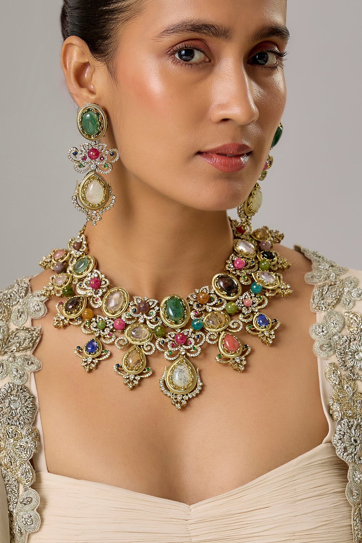 Gold Finish Multi-Colored Stone & Zircon Choker Necklace Set