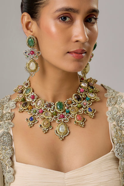 Gold Finish Multi-Colored Stone & Zircon Choker Necklace Set