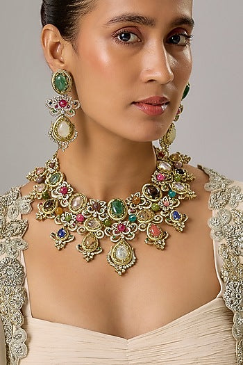 Gold Finish Multi-Colored Stone & Zircon Choker Necklace Set