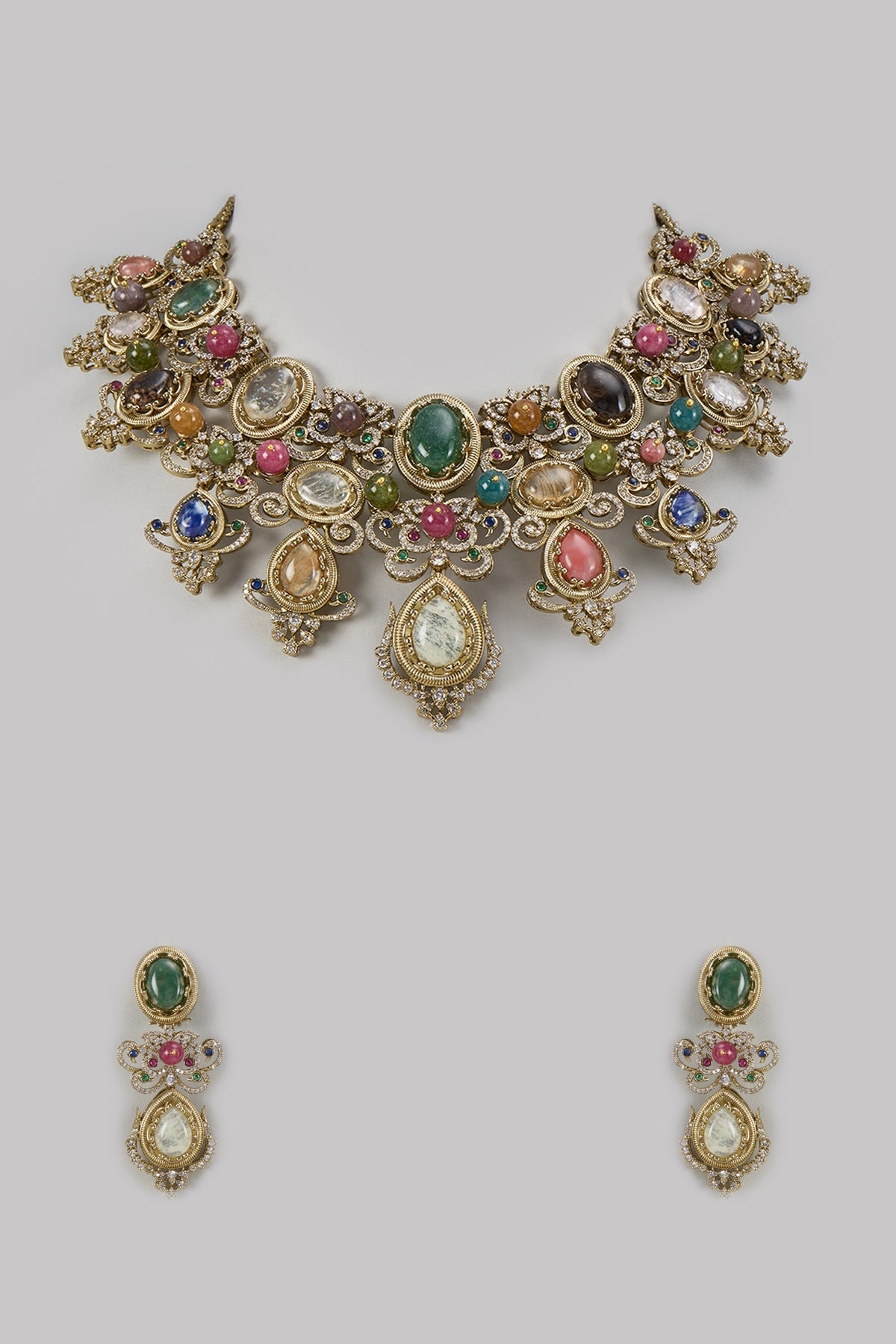 Gold Finish Multi-Colored Stone & Zircon Choker Necklace Set