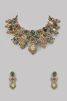 Gold Finish Multi-Colored Stone & Zircon Choker Necklace Set