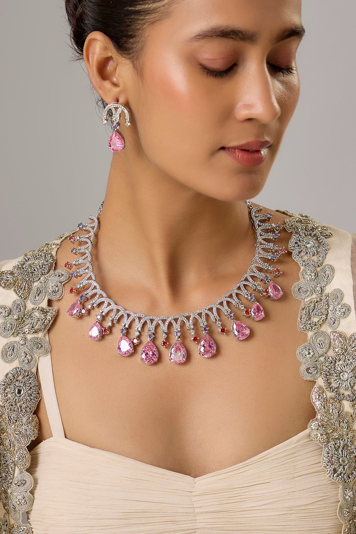 White Finish Rose Quartz & Zircon Necklace Set