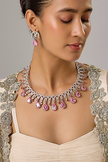 White Finish Rose Quartz & Zircon Necklace Set