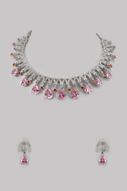 White Finish Rose Quartz & Zircon Necklace Set