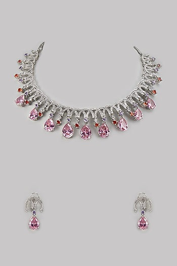 White Finish Rose Quartz & Zircon Necklace Set