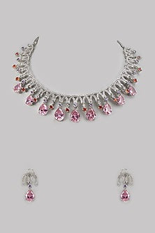 White Finish Rose Quartz & Zircon Necklace Set