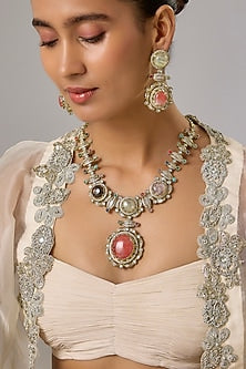 Gold Finish Multi-Colored Stone & Zircon Long Necklace Set
