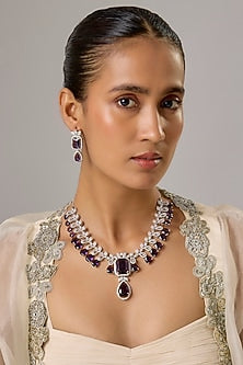 White Finish Amethyst & Zircon Long Necklace Set
