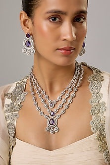 White Finish Amethyst & Zircon Layered Necklace Set
