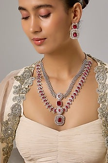 White Finish Ruby & Zircon Long Necklace Set