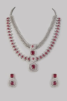 White Finish Ruby & Zircon Long Necklace Set