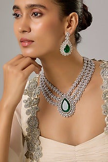 White Finish Emerald Stone & Zircon Layered Necklace Set