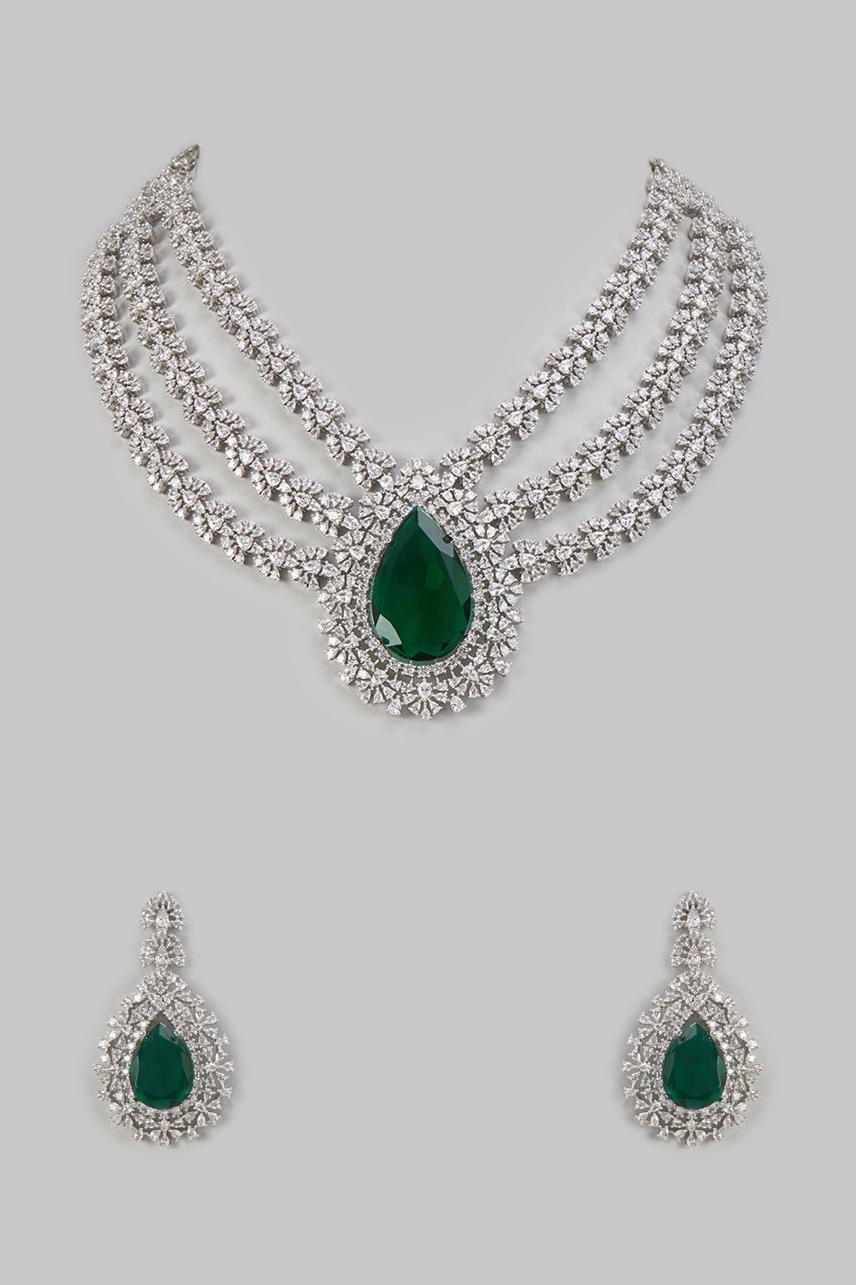 White Finish Emerald Stone & Zircon Layered Necklace Set
