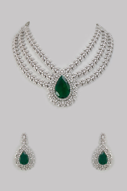 White Finish Emerald Stone & Zircon Layered Necklace Set