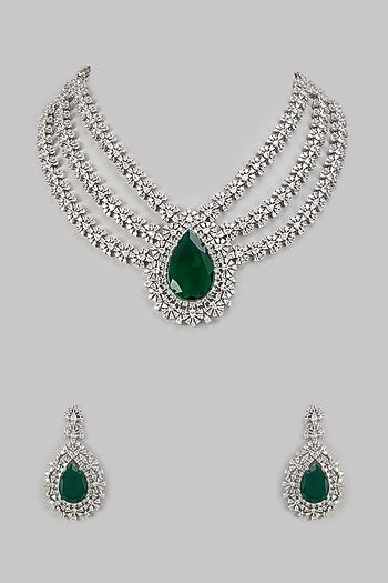 White Finish Emerald Stone & Zircon Layered Necklace Set