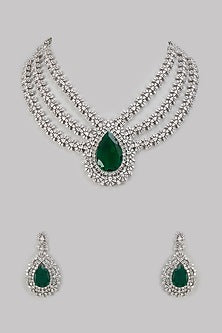 White Finish Emerald Stone & Zircon Layered Necklace Set