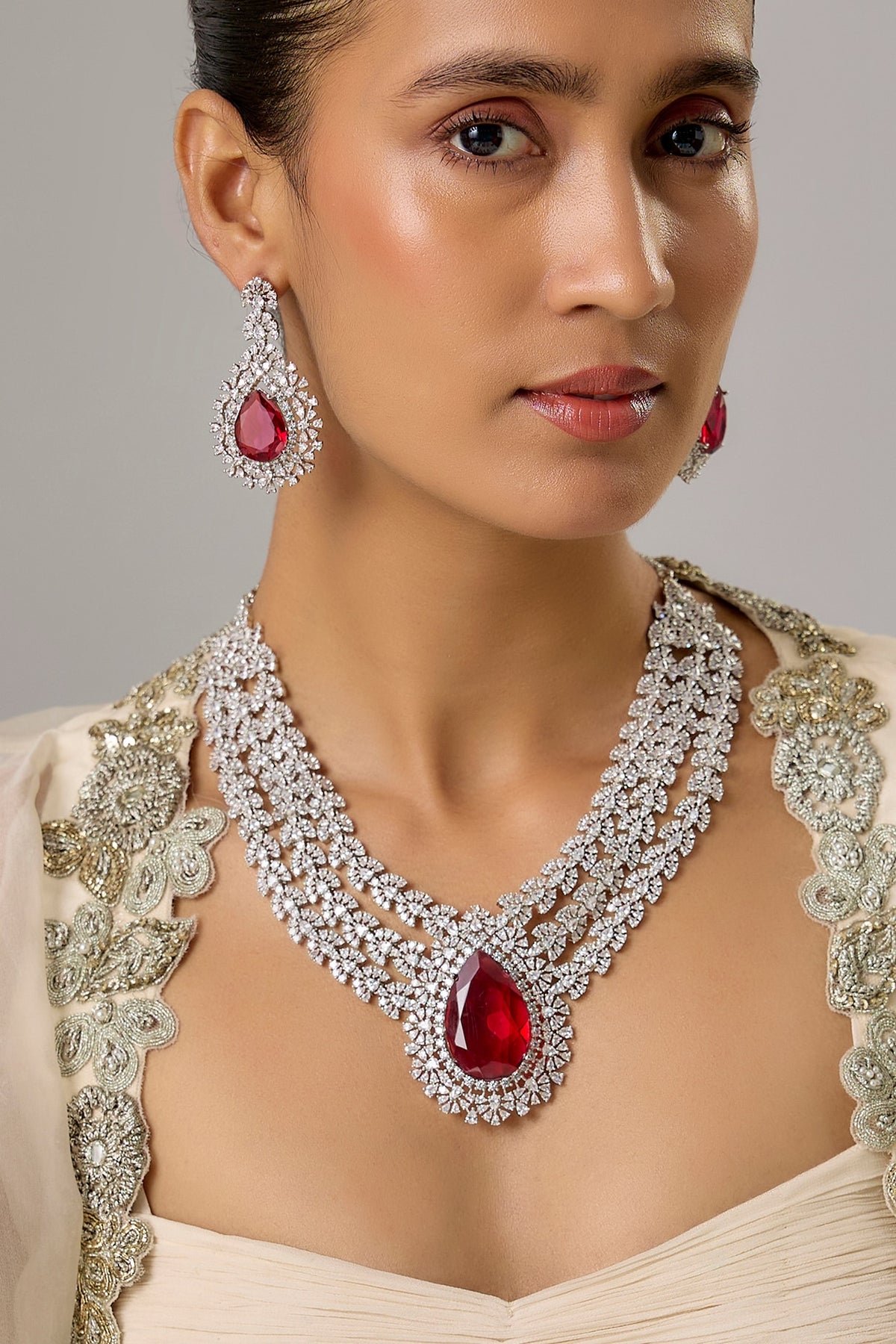 White Finish Ruby Stone & Zircon Layered Necklace Set