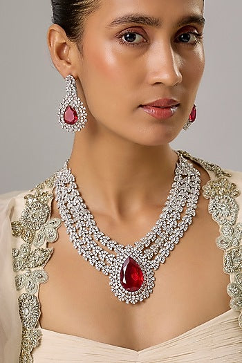 White Finish Ruby Stone & Zircon Layered Necklace Set