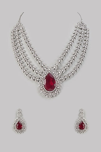 White Finish Ruby Stone & Zircon Layered Necklace Set