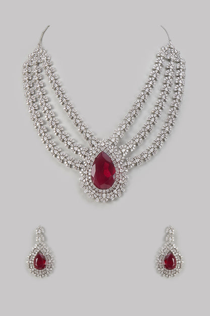 White Finish Ruby Stone & Zircon Layered Necklace Set