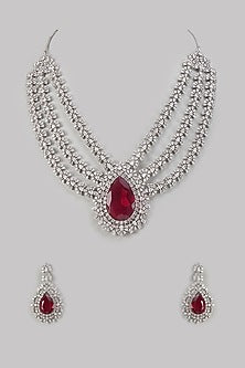 White Finish Ruby Stone & Zircon Layered Necklace Set
