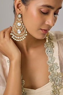 Gold Finish Kundan Polki & Green Beaded Dangler Earrings