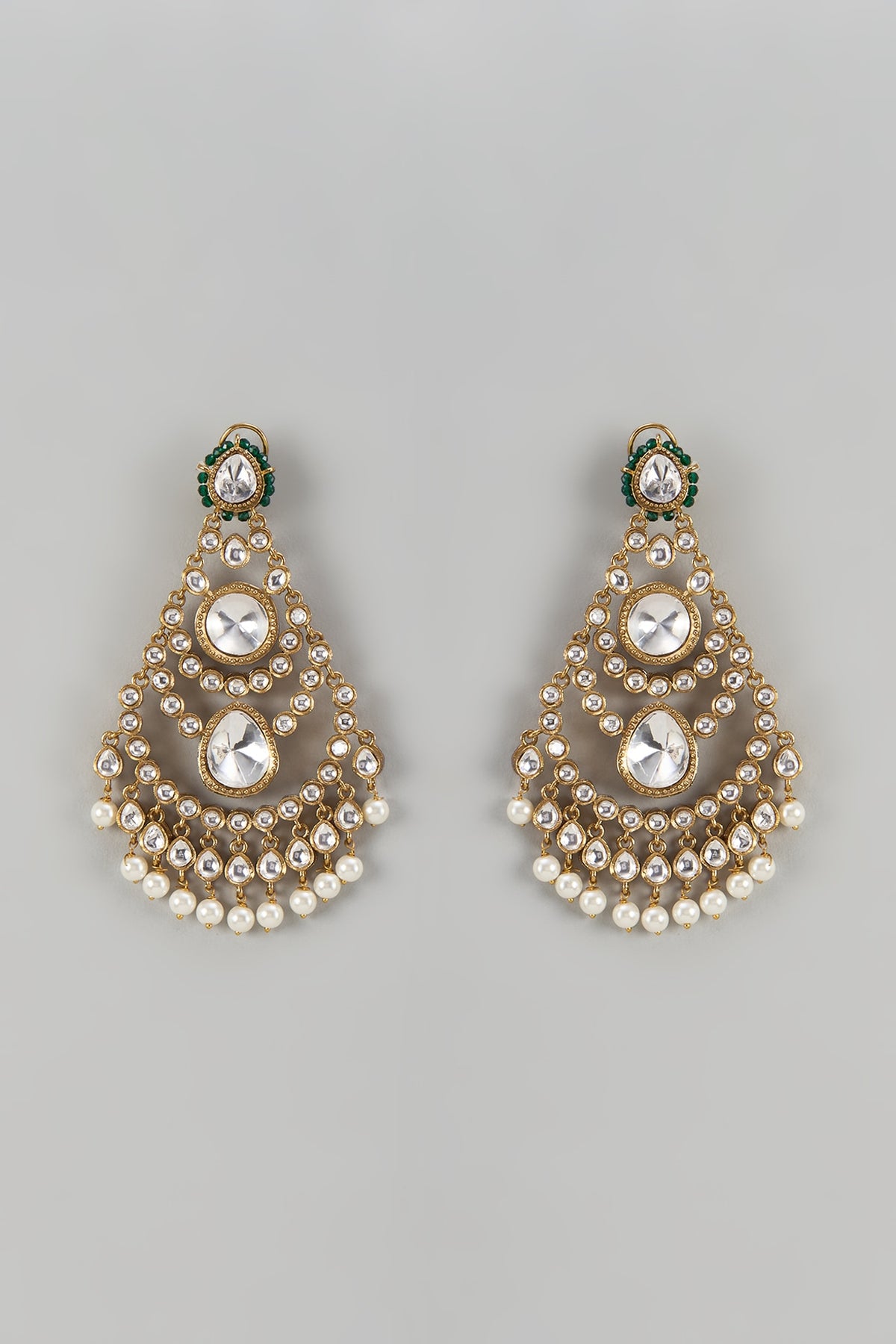 Gold Finish Kundan Polki & Green Beaded Dangler Earrings