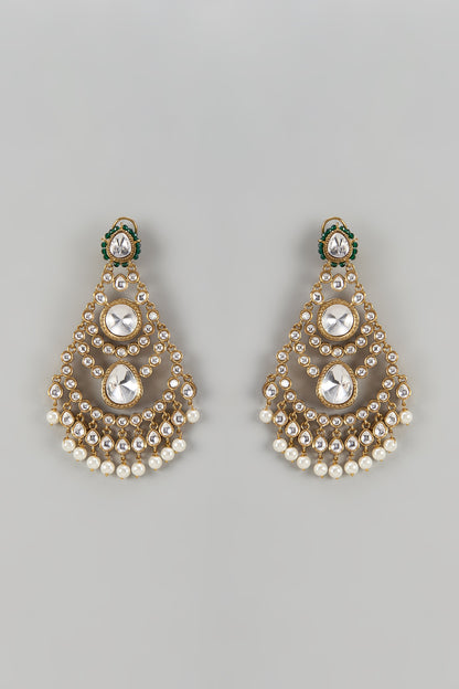 Gold Finish Kundan Polki & Green Beaded Dangler Earrings