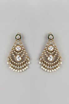 Gold Finish Kundan Polki & Green Beaded Dangler Earrings