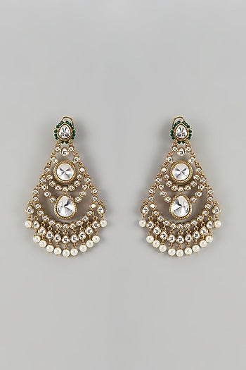 Gold Finish Kundan Polki & Green Beaded Dangler Earrings