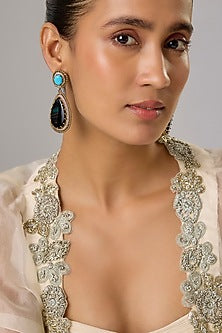 Gold Finish Kundan Polki & Blue Sapphire Dangler Earrings