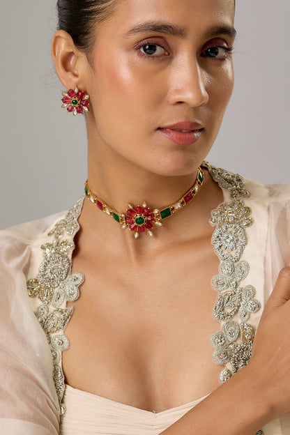 Gold Finish Ruby & Kundan Polki Choker Necklace Set