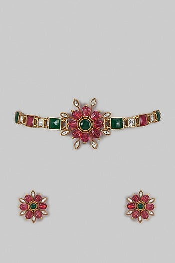 Gold Finish Ruby & Kundan Polki Choker Necklace Set