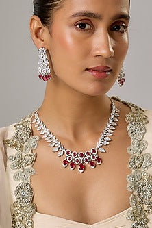 White Finish Zircon & Ruby Necklace Set