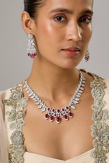 White Finish Zircon & Ruby Necklace Set