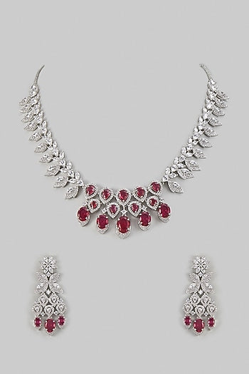 White Finish Zircon & Ruby Necklace Set