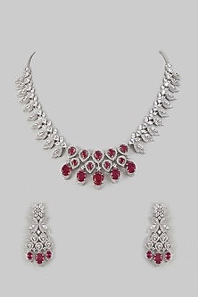 White Finish Zircon & Ruby Necklace Set