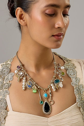 Gold Finish Multi-Colored Stone & Blue Sapphire Necklace