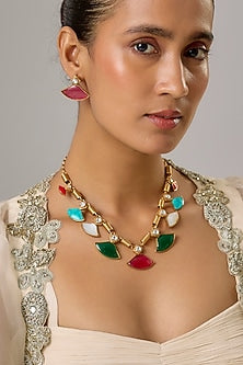 Gold Finish Multi-Colored Stone & Pearl Necklace Set