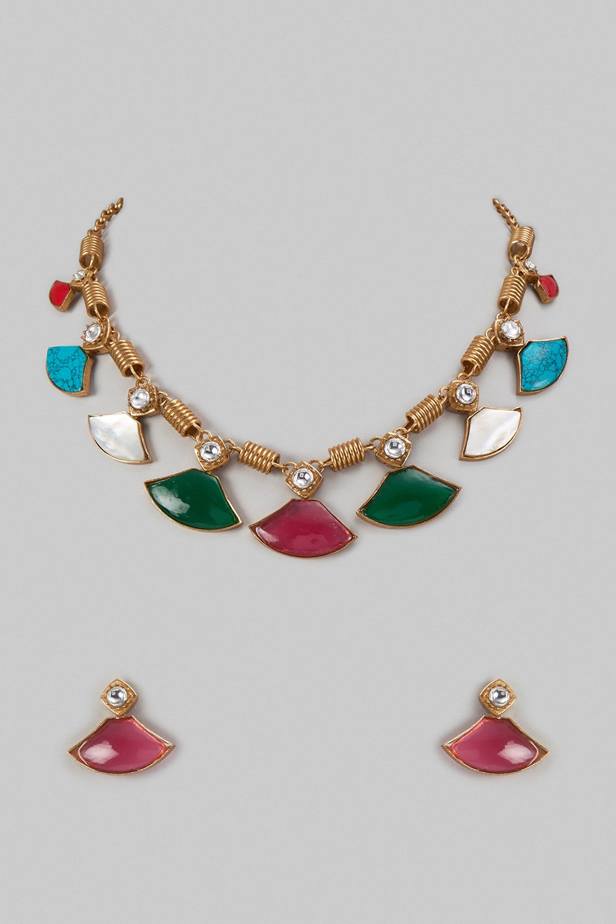 Gold Finish Multi-Colored Stone & Pearl Necklace Set