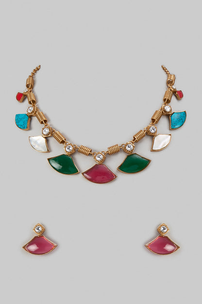Gold Finish Multi-Colored Stone & Pearl Necklace Set