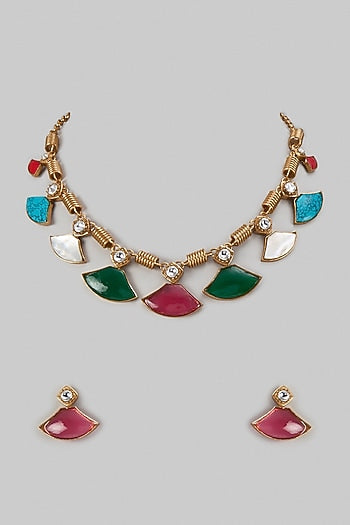 Gold Finish Multi-Colored Stone & Pearl Necklace Set
