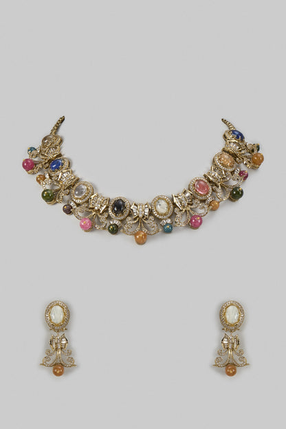 Gold Finish Multi-Colored Stone & Zircon Choker Necklace Set