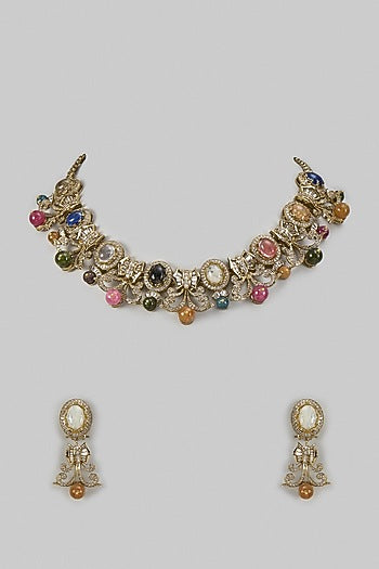 Gold Finish Multi-Colored Stone & Zircon Choker Necklace Set