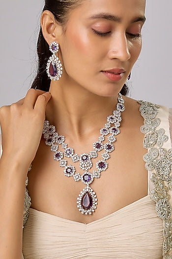 White Finish Ruby & Zircon Layered Necklace Set