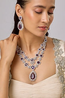 White Finish Ruby & Zircon Layered Necklace Set