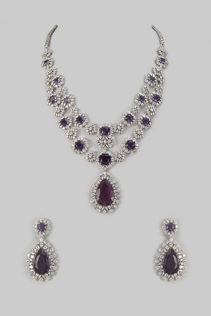 White Finish Ruby & Zircon Layered Necklace Set