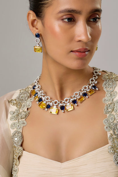 White Finish Blue Sapphire & Zircon Layered Necklace Set