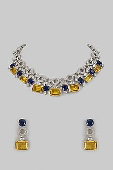 White Finish Blue Sapphire & Zircon Layered Necklace Set