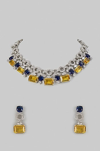 White Finish Blue Sapphire & Zircon Layered Necklace Set